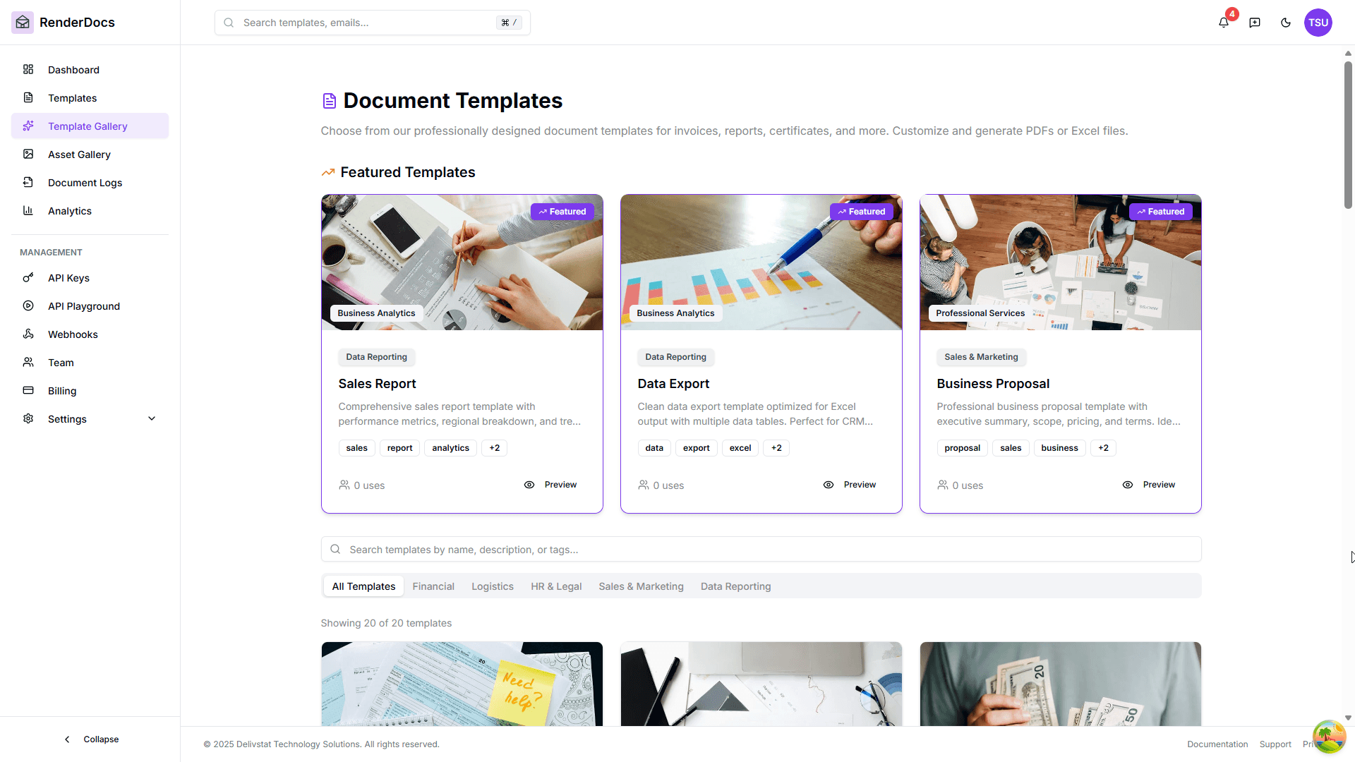 Template Gallery showing professionally designed document templates